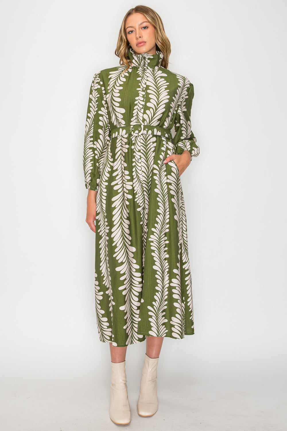 Leaf Cascade Botanical Print Belted Midi Dress