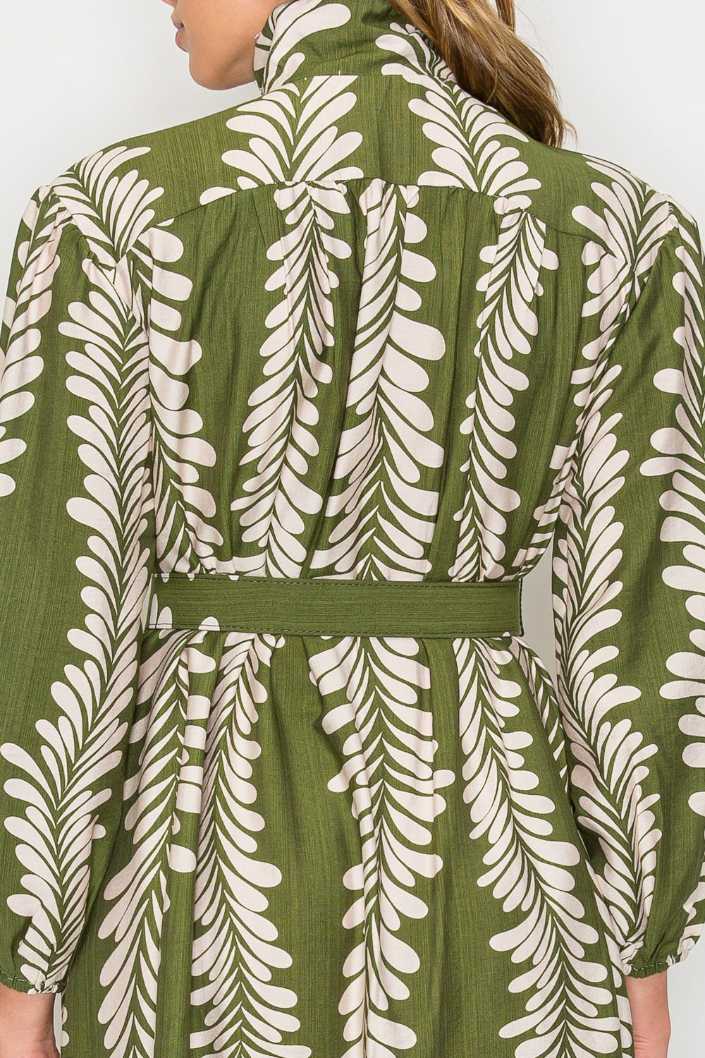 Leaf Cascade Botanical Print Belted Midi Dress