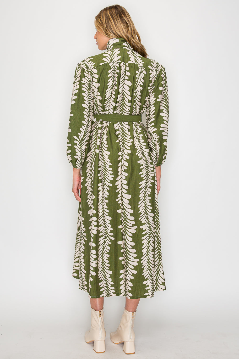Leaf Cascade Botanical Print Belted Midi Dress