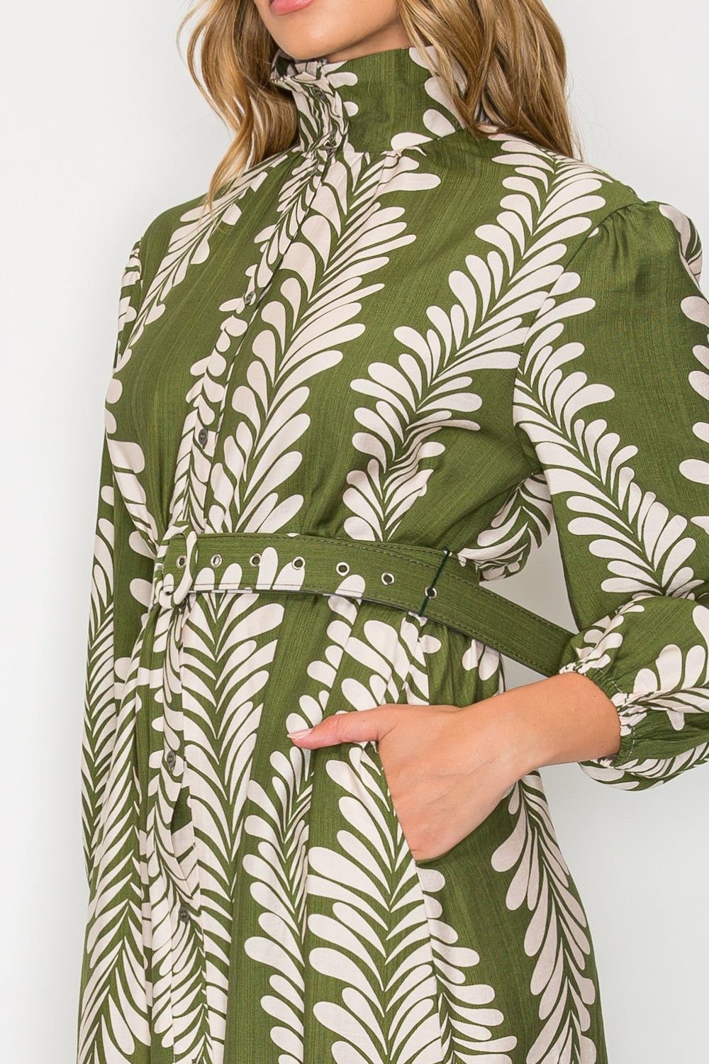 Leaf Cascade Botanical Print Belted Midi Dress