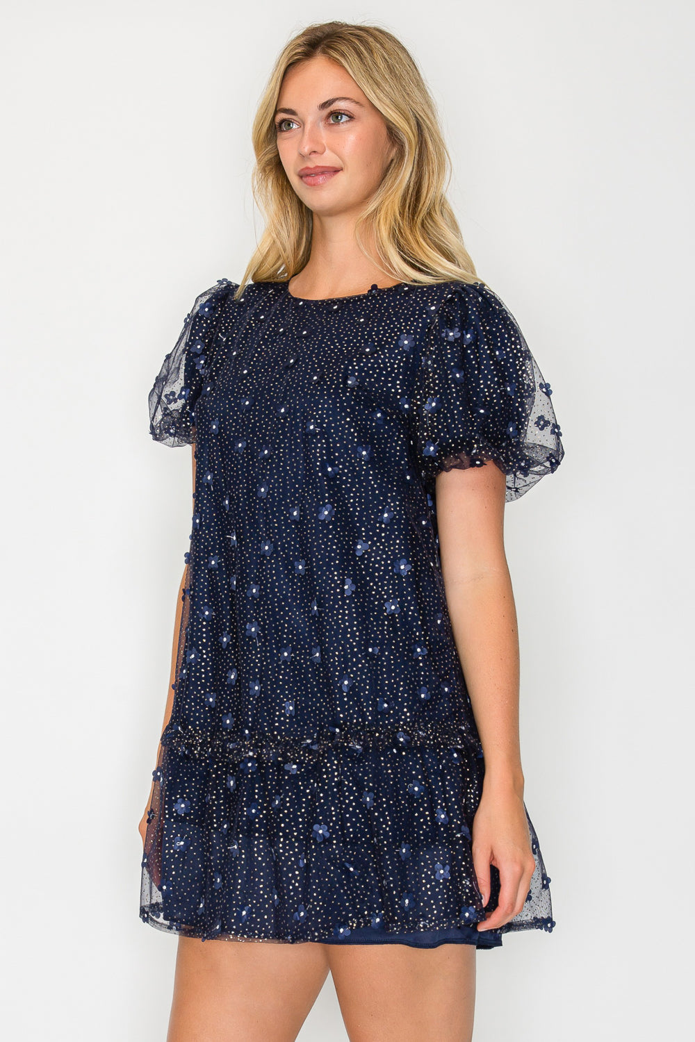 Holiday Daisy Puff Sleeve Mini Dress