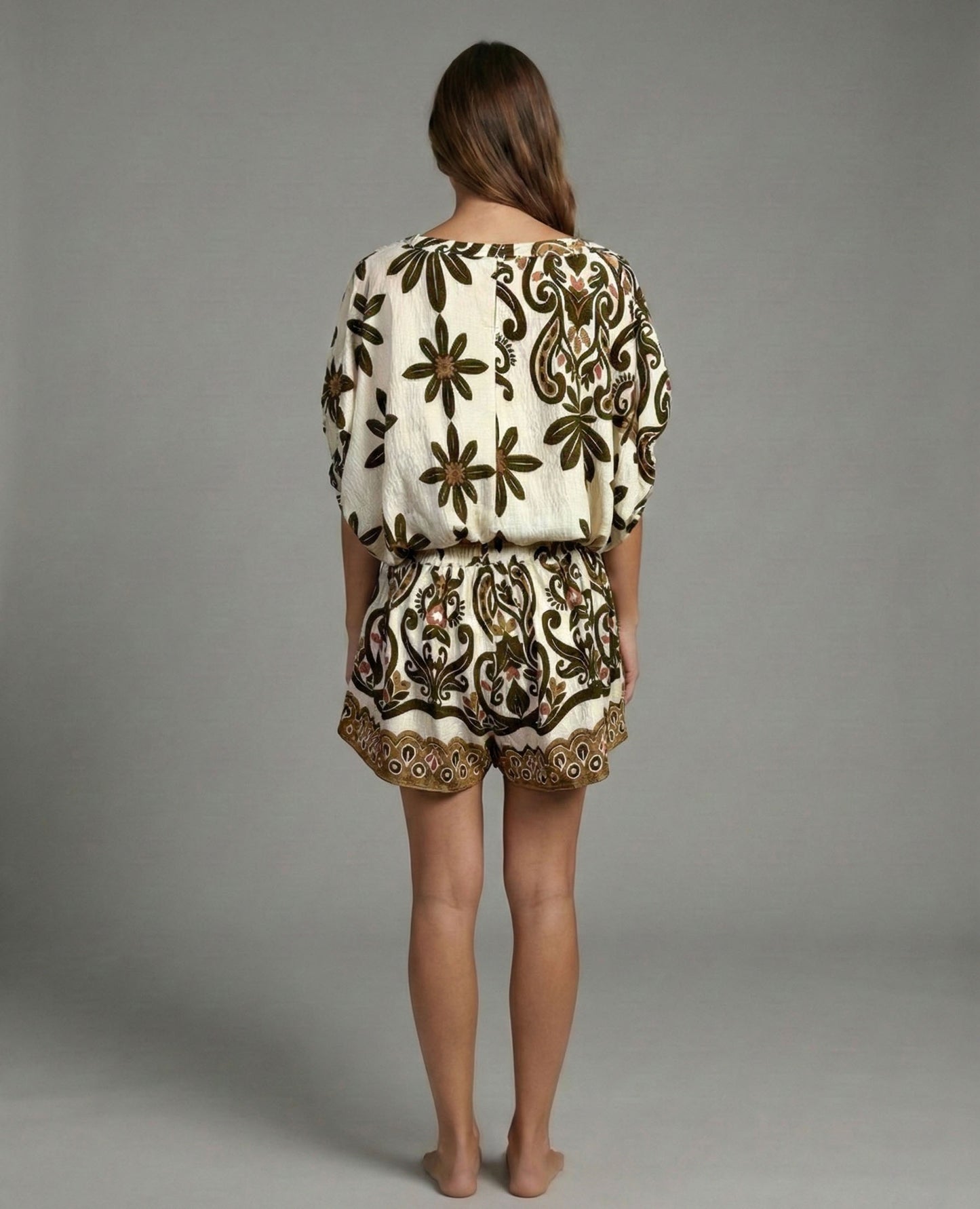Olive Veil Floral Print Two Piece Short Set
