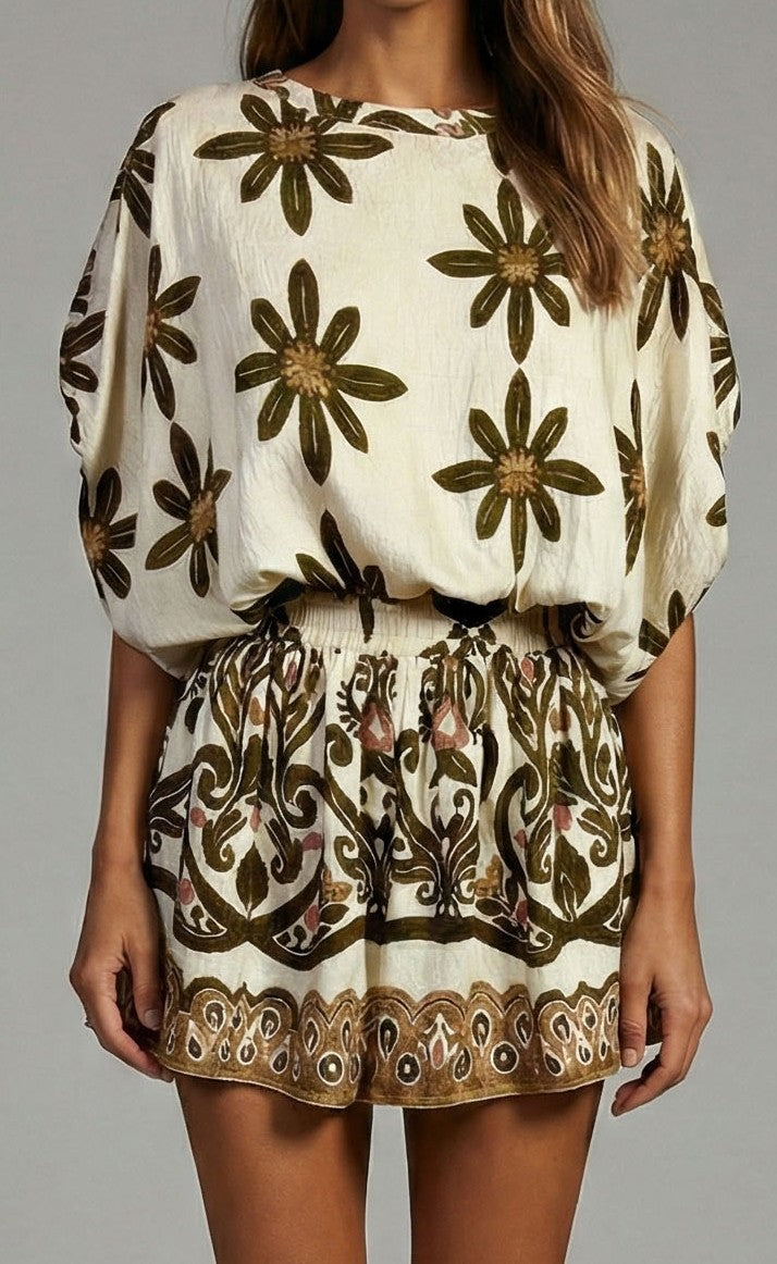 Olive Veil Floral Print Two Piece Short Set