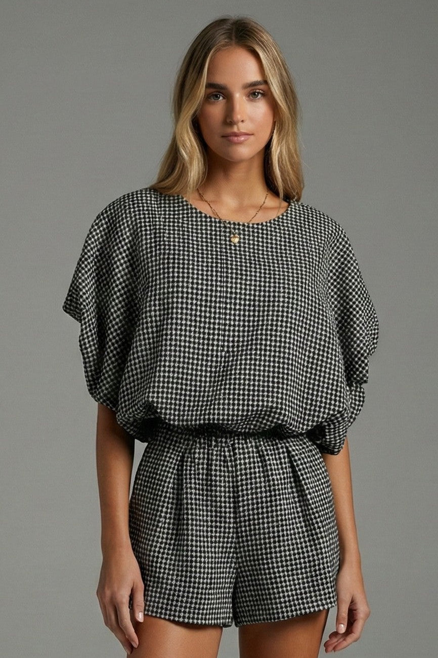 Black Gingham Two-Piece Bubble Top & Shorts Set