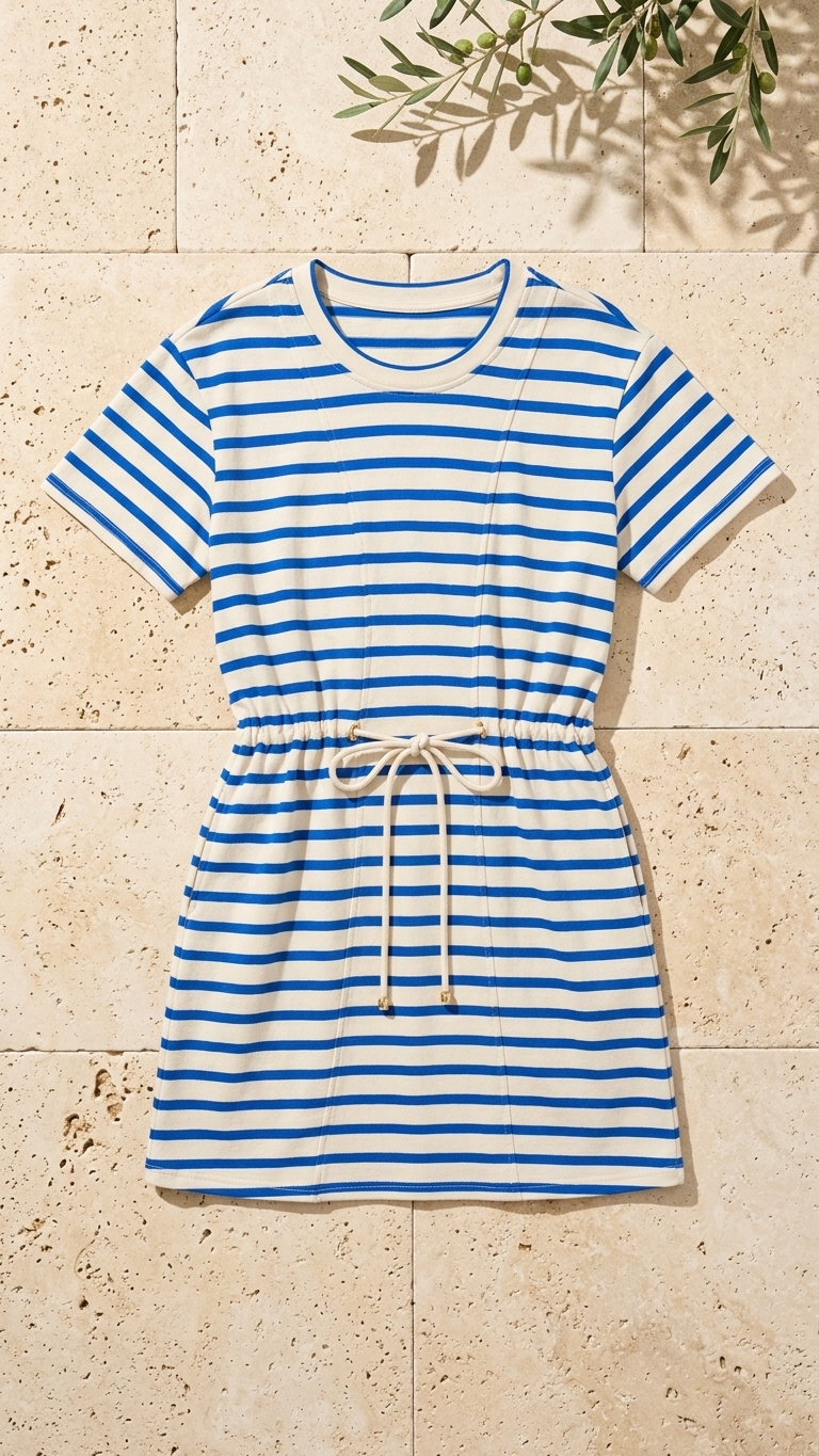 Flat lay of the Sapphire Waves Dress, a blue and ivory horizontal striped t-shirt dress featuring a drawstring waist and gold-tipped ties on a stone background with olive branches.