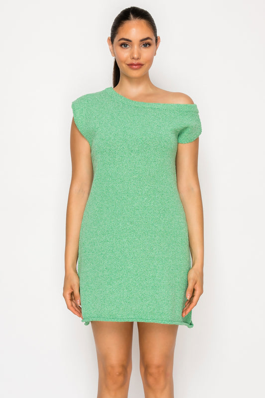 Model wearing the Green Sweater One Shoulder Dress, a vibrant green knit mini dress with an asymmetrical neckline and short sleeves.