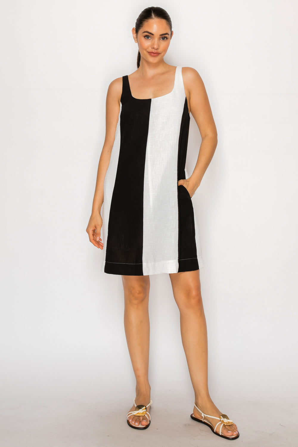 Black White Linen Short Dress