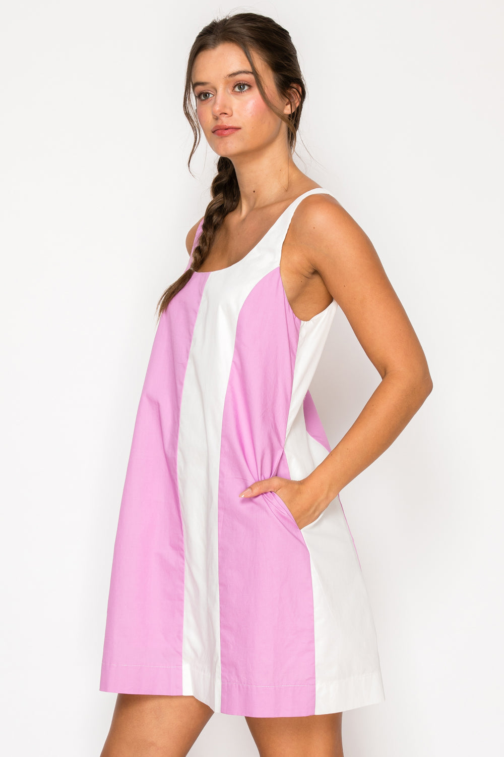 Pink Poplin Color Block Dress
