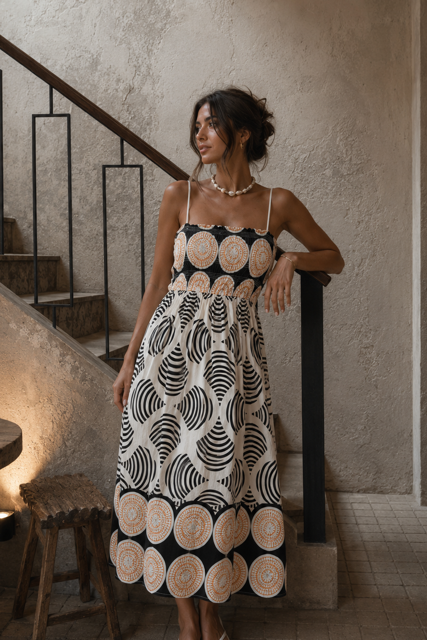 Front view of a model leaning against a stone staircase banister, wearing the Midnight Shell Smock Midi Dress, a black and white shell-printed midi dress with a smocked bodice and a terracotta sunburst medallion pattern.