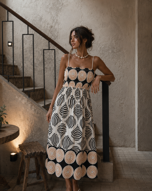 Front view of a model leaning against a stone staircase banister, wearing the Midnight Shell Smock Midi Dress, a black and white shell-printed midi dress with a smocked bodice and a terracotta sunburst medallion pattern.