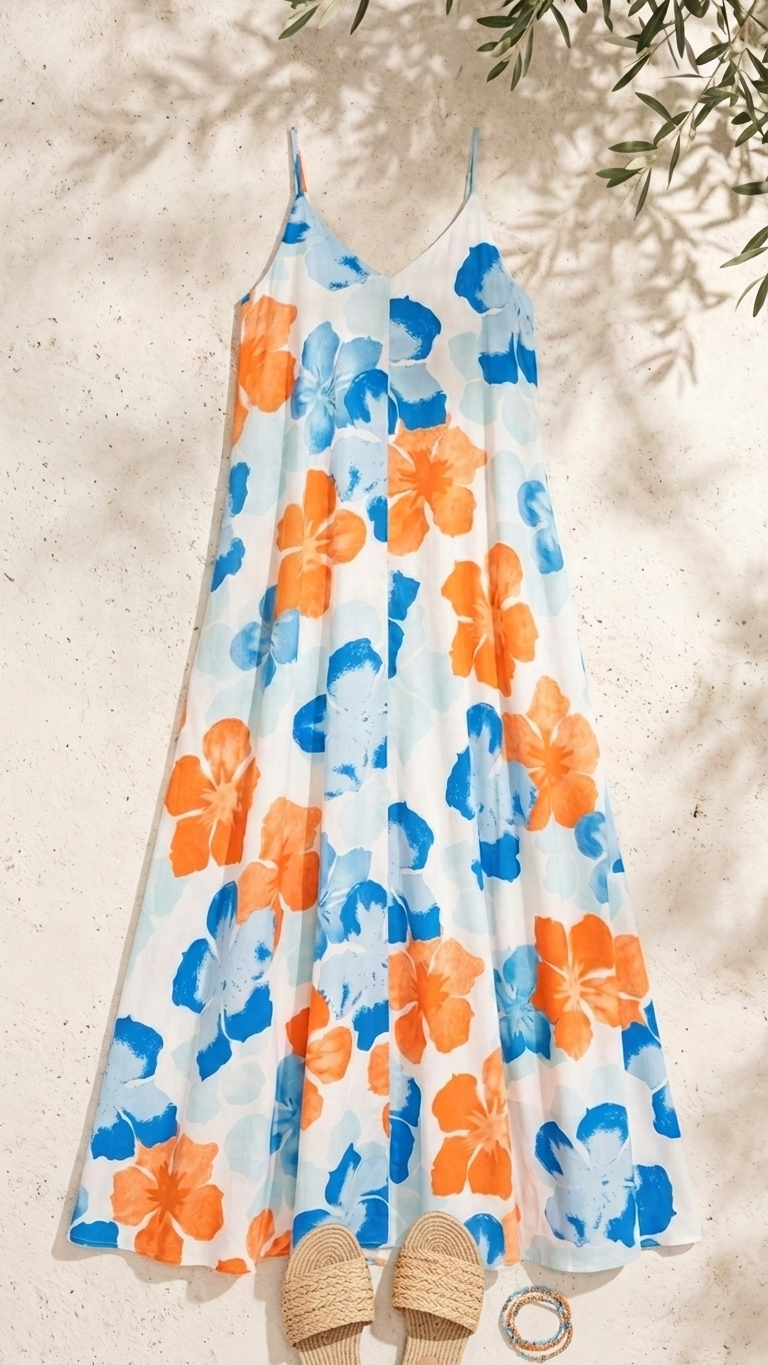 Flat lay of the Helios Petal Maxi Dress, a white maxi dress with large orange and blue floral prints and spaghetti straps on a white stone background with woven sandals.
