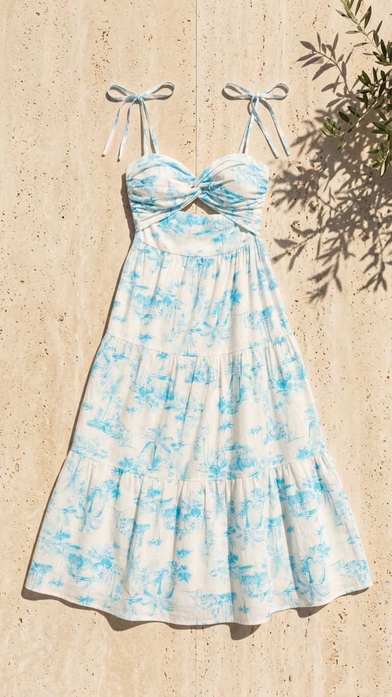 Flat lay of the Island Dream Maxi Dress, a white and blue toile-print tiered maxi dress featuring tie-shoulder straps and a twist-front cutout bodice on a stone background.