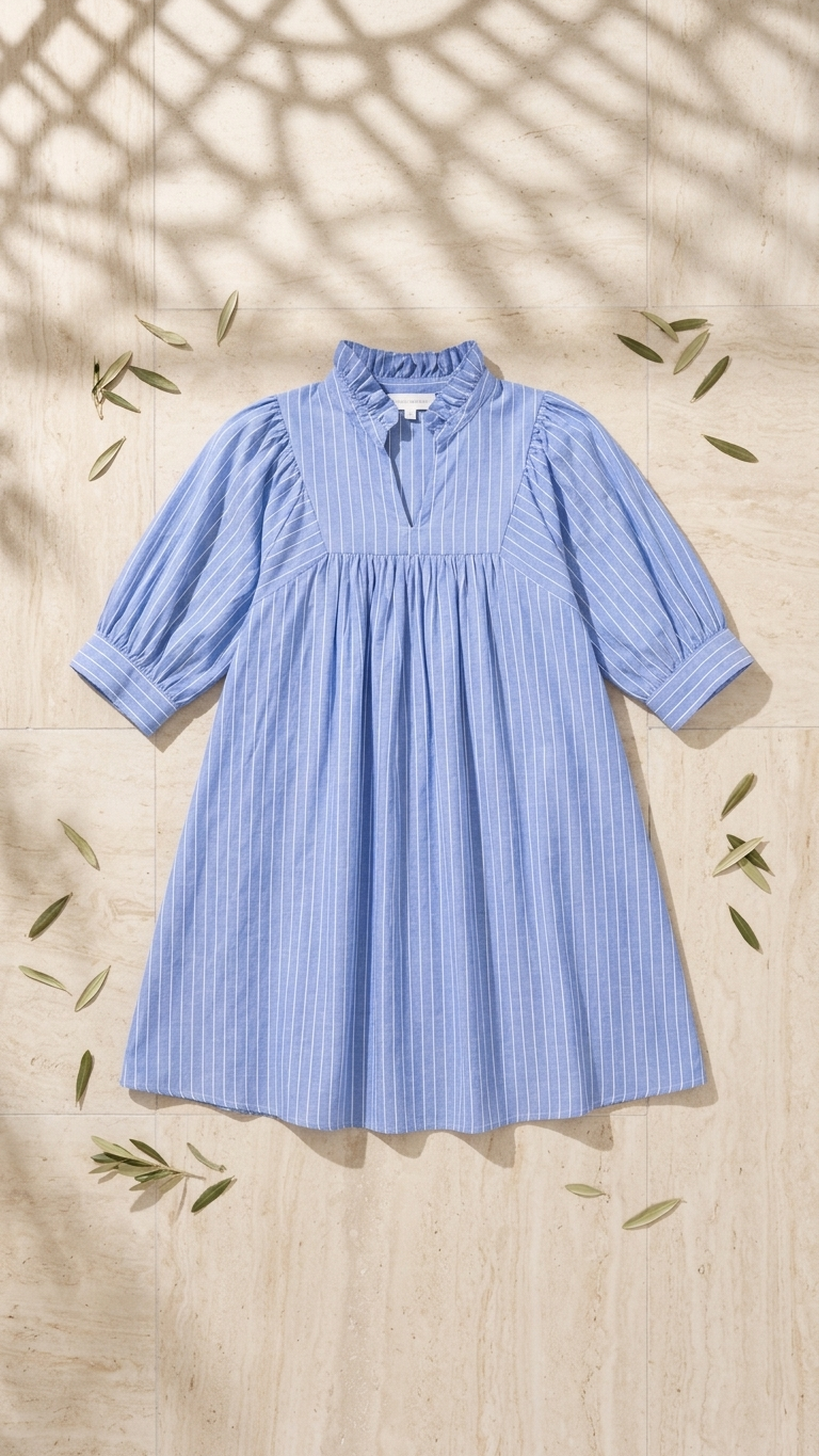 Flat lay of the Nautical Stripe Short Dress, a light blue and white pinstripe babydoll dress featuring puff sleeves and a ruffled collar on a stone tile background.