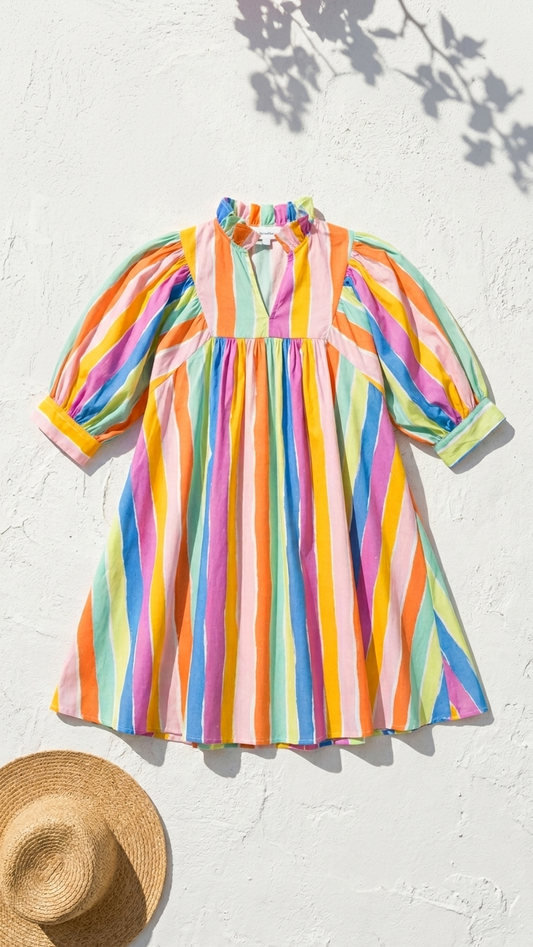 Flat lay of the Sirena Stripe Short Dress, a multi-colored vertical stripe babydoll mini dress featuring puff sleeves and a ruffled collar on a white stone background with a straw hat.