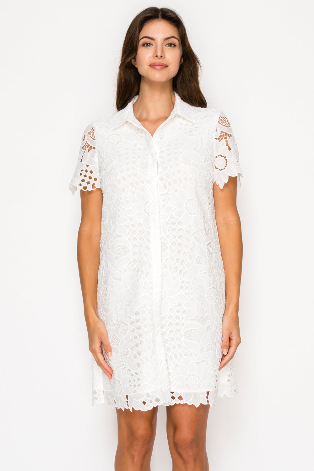 Model wearing the White Floral Lace Shirt Dress, a white button-front mini dress with short lace sleeves and a collar.