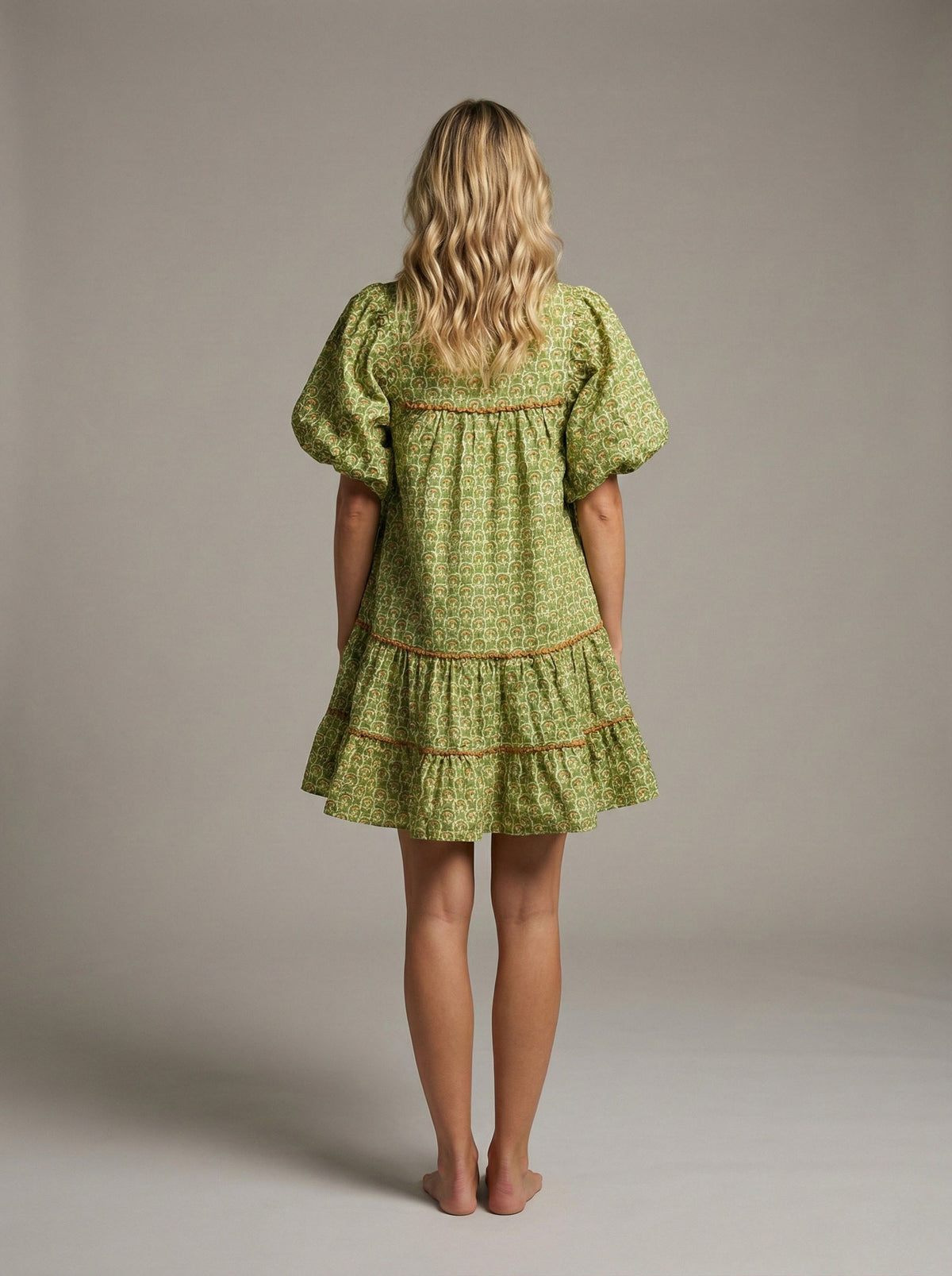 Olive Lotus Print Tiered Mini Dress