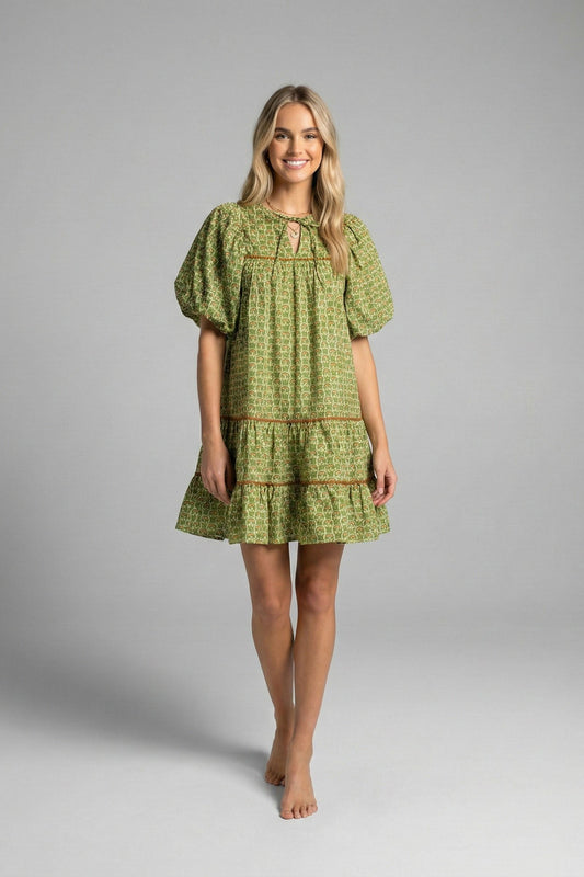 Olive Lotus Print Tiered Mini Dress