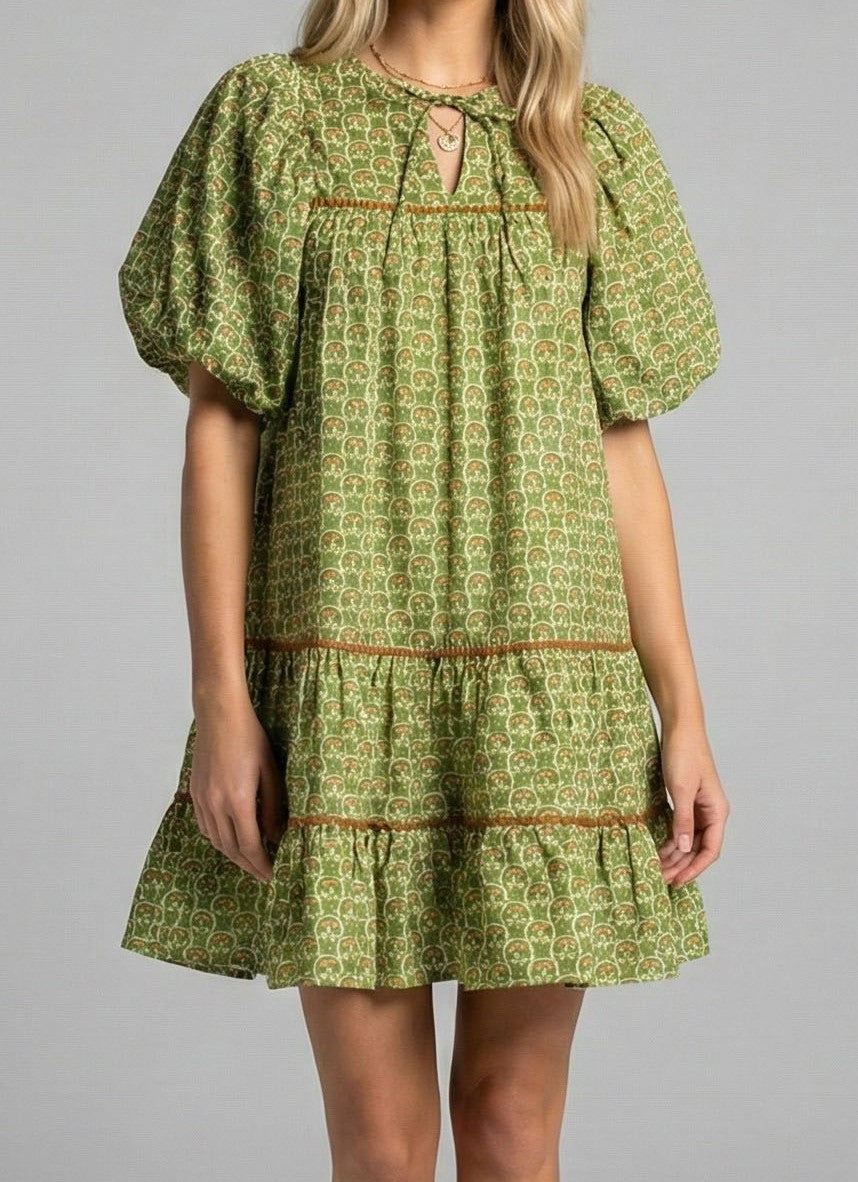 Olive Lotus Print Tiered Mini Dress