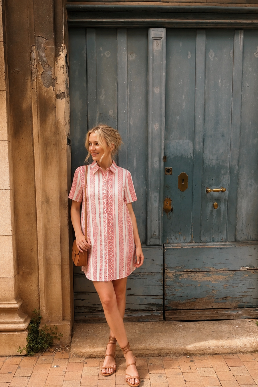 Woman in a pink dress standing in front of a rustic door.