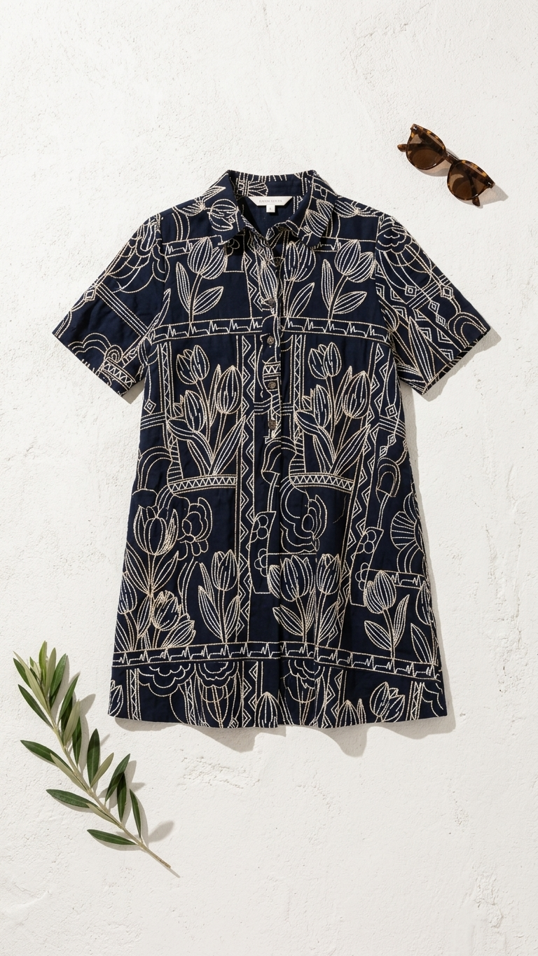 Navy dress with white floral pattern on a white background