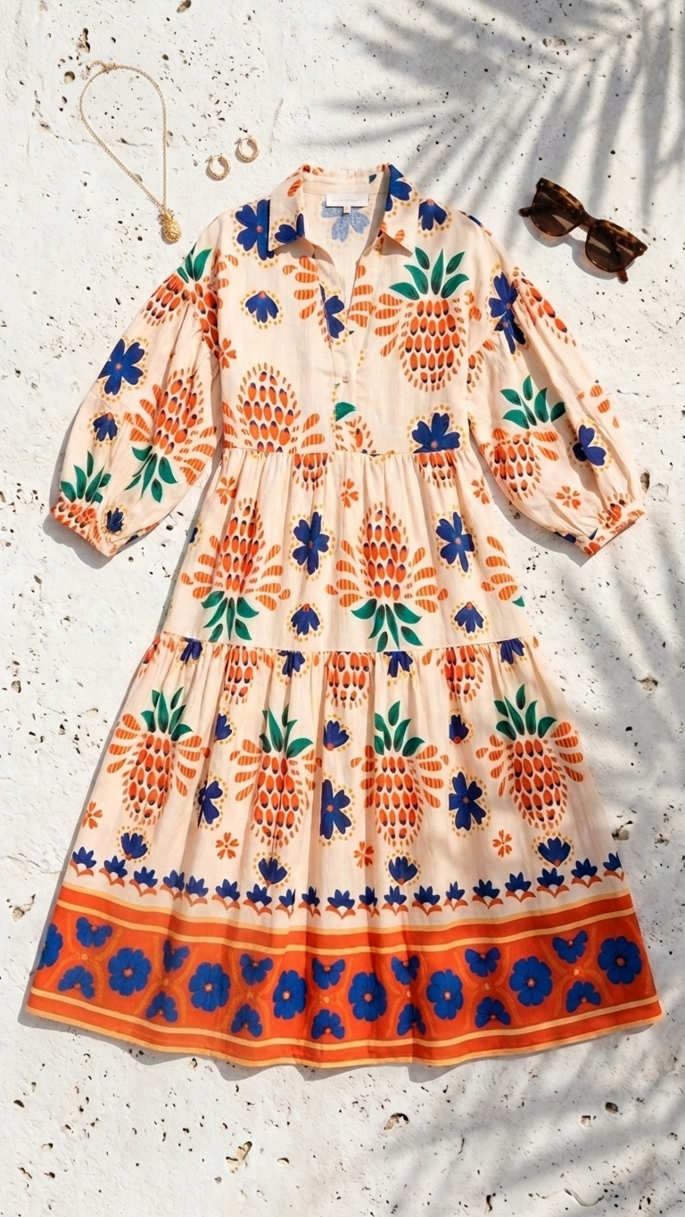 Flat lay of the Dionysian Charm Maxi Dress, a cream-colored tiered maxi dress with an orange pineapple and blue floral print on a stone background with a pineapple necklace and sunglasses.