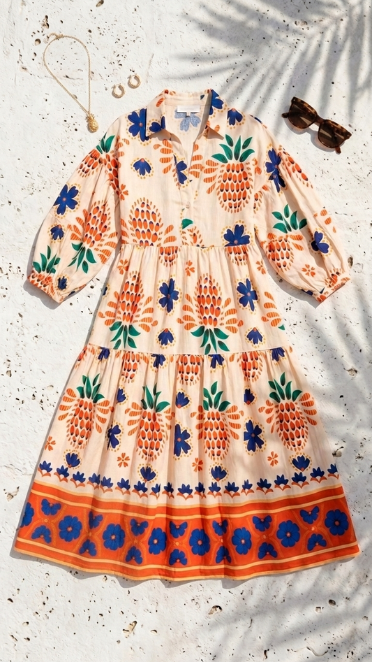 Flat lay of the Dionysian Charm Maxi Dress, a cream-colored tiered maxi dress with an orange pineapple and blue floral print on a stone background with a pineapple necklace and sunglasses.