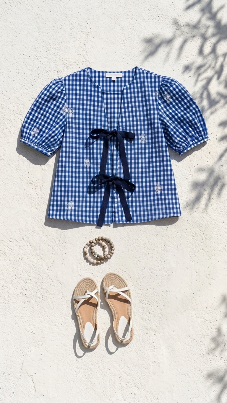Flat lay of the Azure Lace Top, a blue and white gingham puff-sleeve top featuring navy ribbon tie-front closures on a white stone background with sandals.