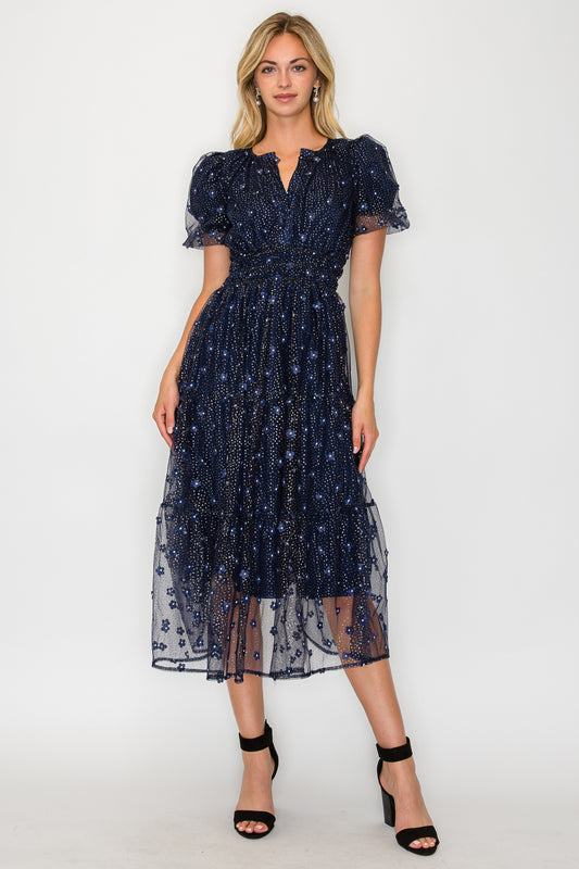 Model wearing the Holiday Daisy Midi Dress, a navy tulle dress with embroidered daisies, a V-neck, puff sleeves, and a tiered midi skirt.
