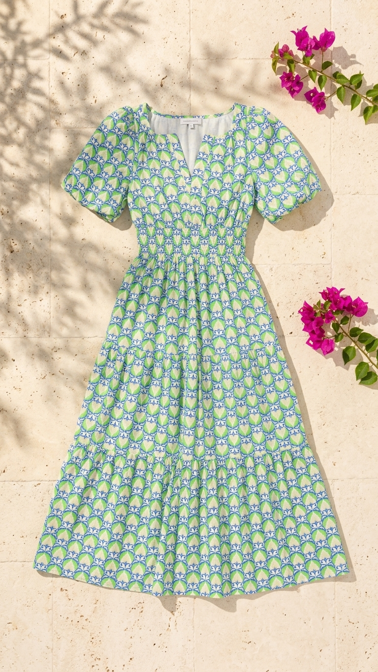 Flat lay of the Hellenic Petals Maxi Dress, a blue and green geometric tile-print maxi dress featuring puff sleeves and a smocked waist on a stone tile background with bougainvillea.