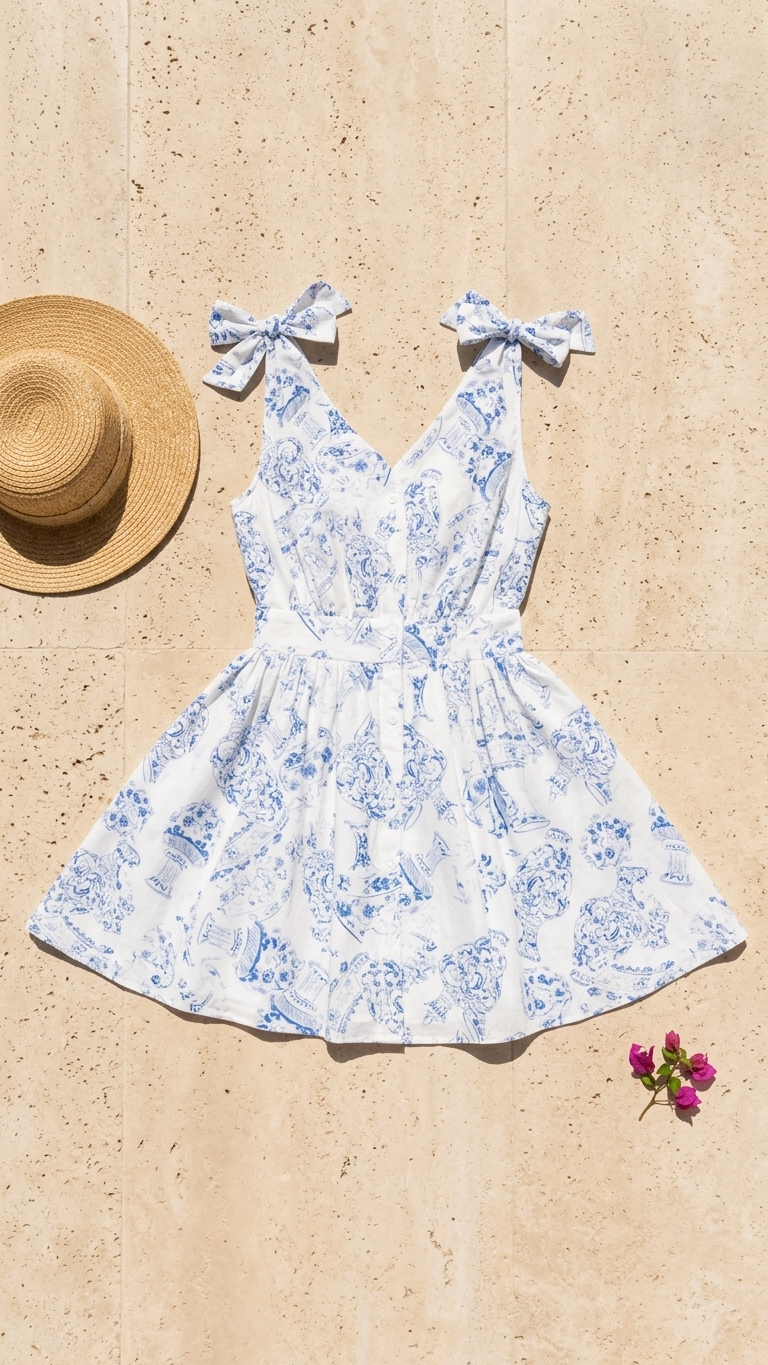Flat lay of the Delos Porcelain Short Dress, a white and blue toile-print mini dress featuring tie-shoulder bows and a button-front bodice on a stone background.