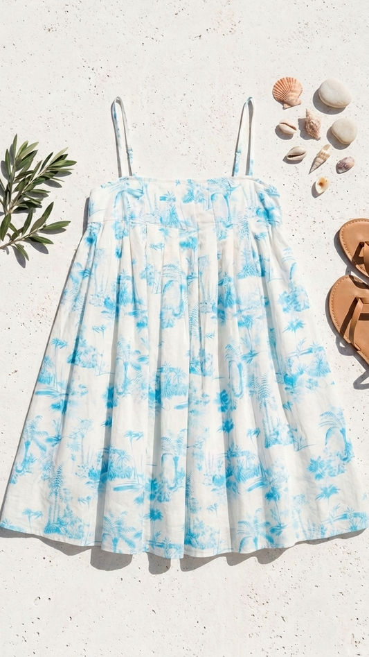 Flat lay of the Island Dream Mini Dress, a white and blue toile-print babydoll mini dress featuring spaghetti straps on a white stone background with seashells and sandals.