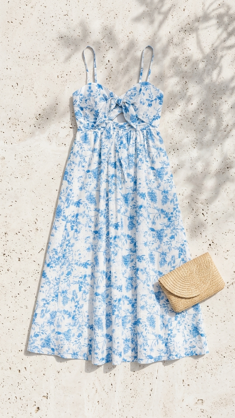 Flat lay of the Indigo Veil Midi Dress, a white and blue toile-print midi dress featuring a twist-front cutout bodice on a stone background.