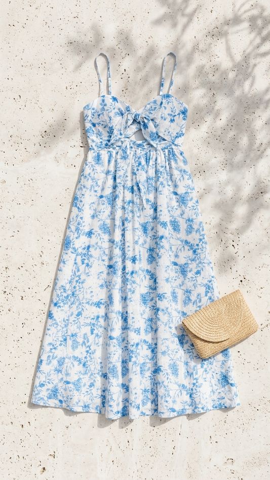 Flat lay of the Indigo Veil Midi Dress, a white and blue toile-print midi dress featuring a twist-front cutout bodice on a stone background.