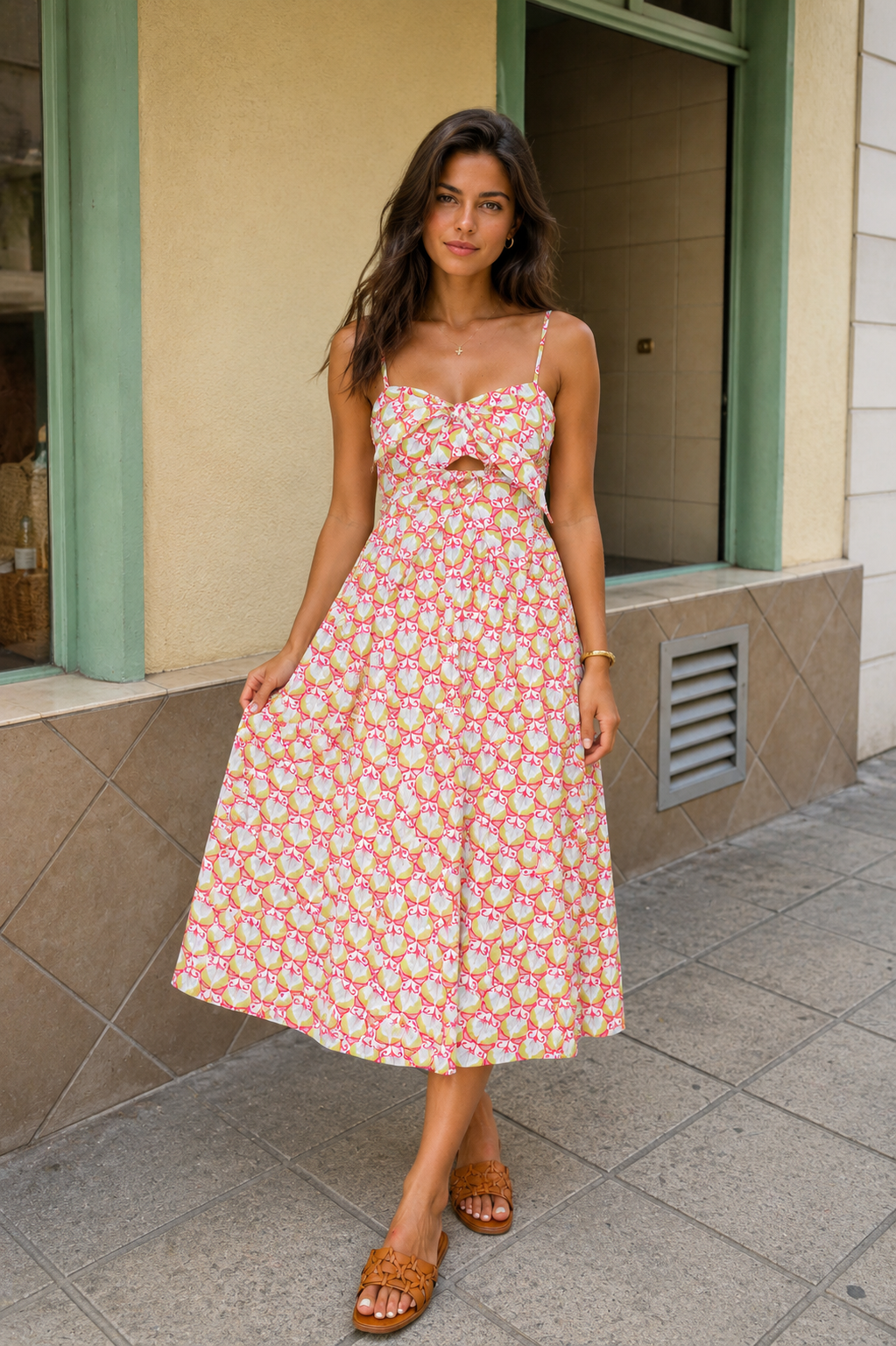Woman wearing a floral dress standing on a sidewalk.