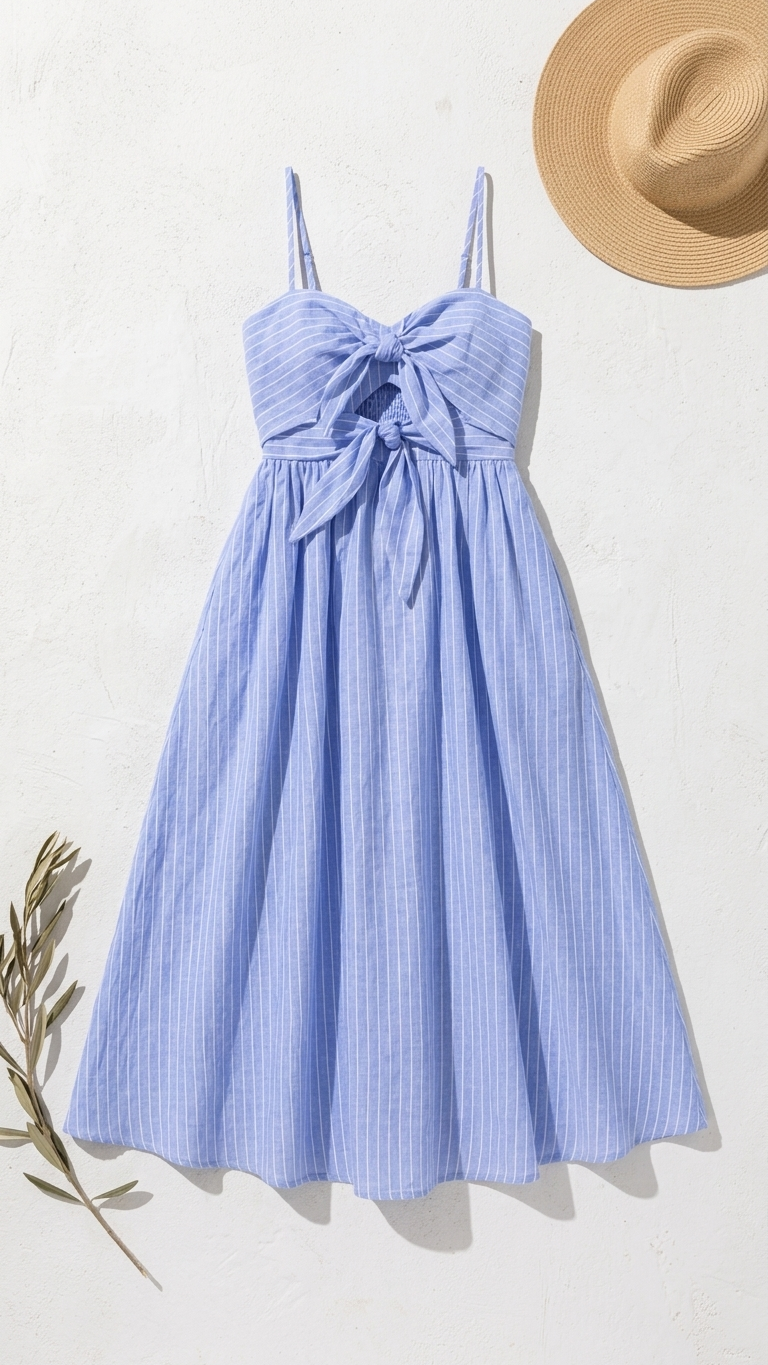 Flat lay of the Nautical Stripe Midi Dress, a light blue and white pinstripe midi dress featuring tie-front details and a cutout bodice on a white stone background with a straw hat.
