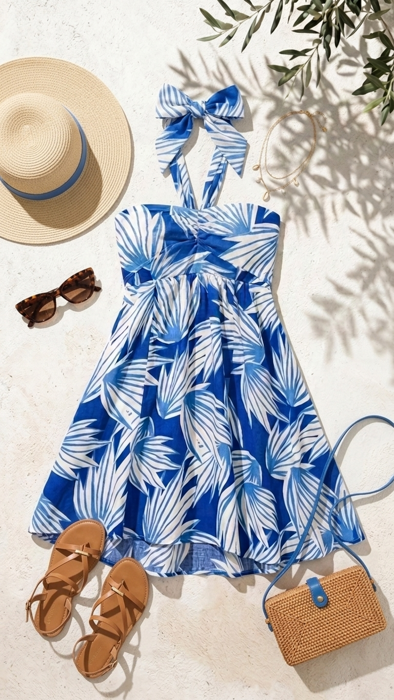 Flat lay of the Eos Breeze Short Dress, a blue and white palm print halter mini dress featuring a statement bow and smocked back on a white stone background.