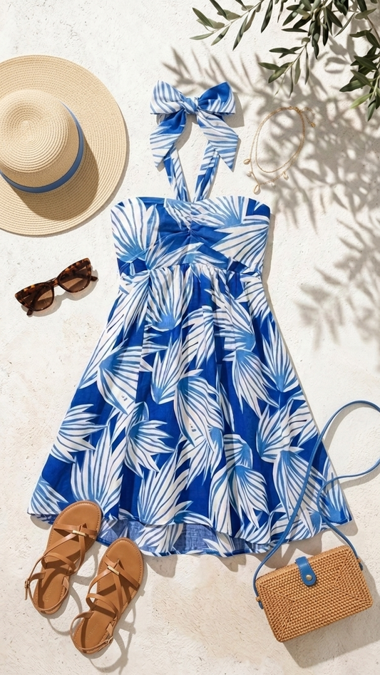 Flat lay of the Eos Breeze Short Dress, a blue and white palm print halter mini dress featuring a statement bow and smocked back on a white stone background.