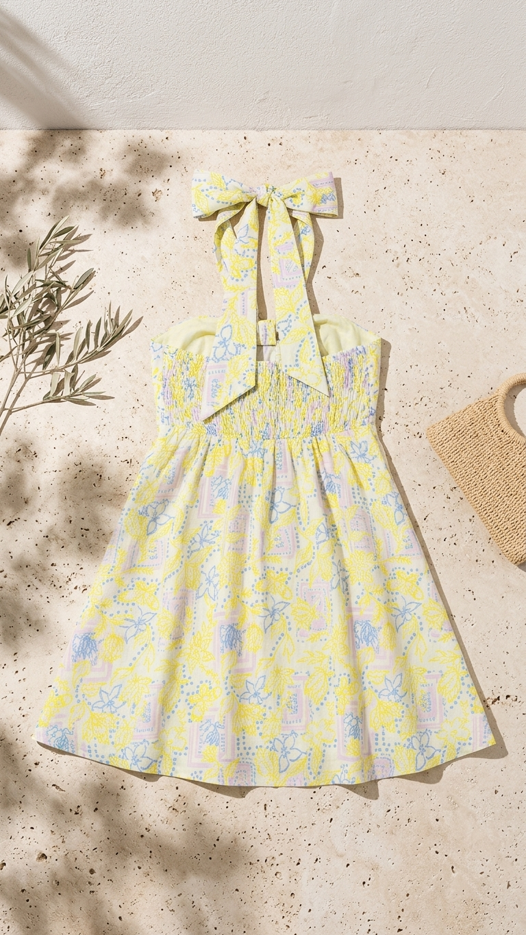 Flat lay of the Lemon Breeze Halter Dress, a yellow and lavender floral print mini dress featuring a large halter neck bow and a smocked back, shown next to an olive branch and straw bag.