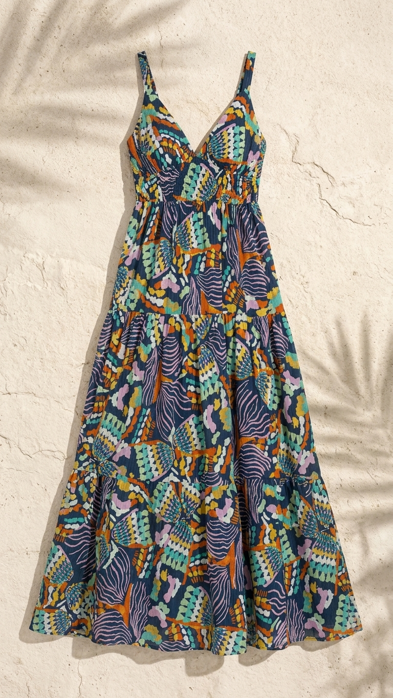 Flat lay of the Chromatic Odyssey Maxi Dress, a navy blue tiered maxi dress featuring a vibrant abstract orange and teal seashell print on a stone background.
