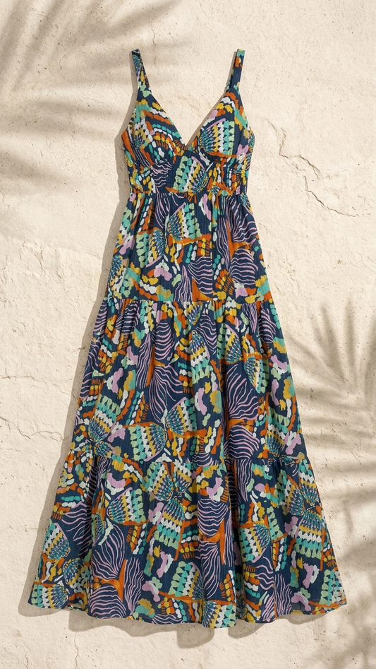 Flat lay of the Chromatic Odyssey Maxi Dress, a navy blue tiered maxi dress featuring a vibrant abstract orange and teal seashell print on a stone background.
