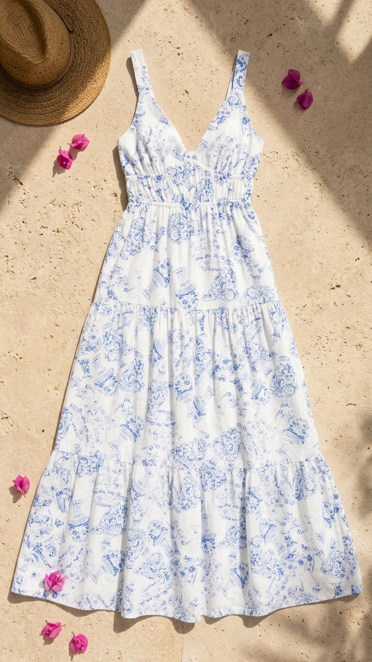 Flat lay of the Delos Porcelain Maxi Dress, a white and blue toile-print tiered maxi dress featuring a smocked waist on a stone background with a straw hat and bougainvillea.