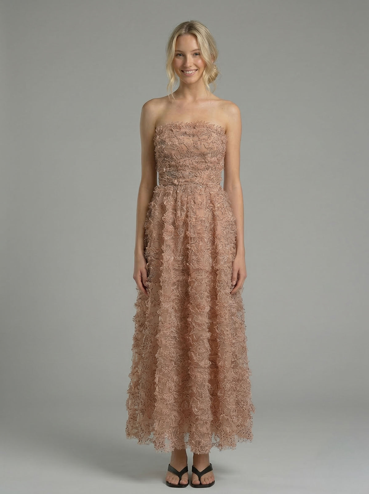 Blush Floral Textured Strapless Smocked Midi Dress
