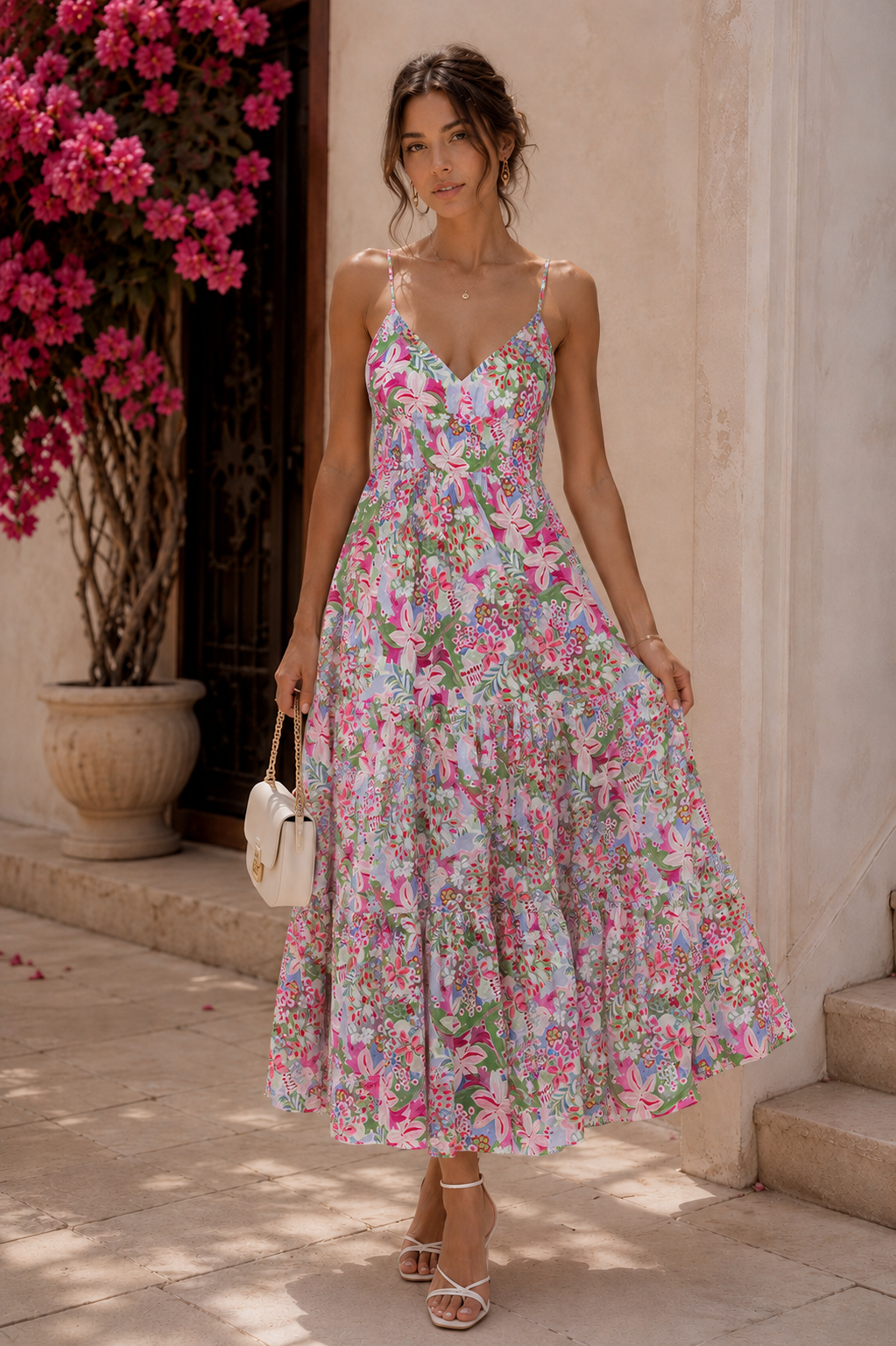 Woman in a floral dress standing outdoors with pink flowers and a building in the background