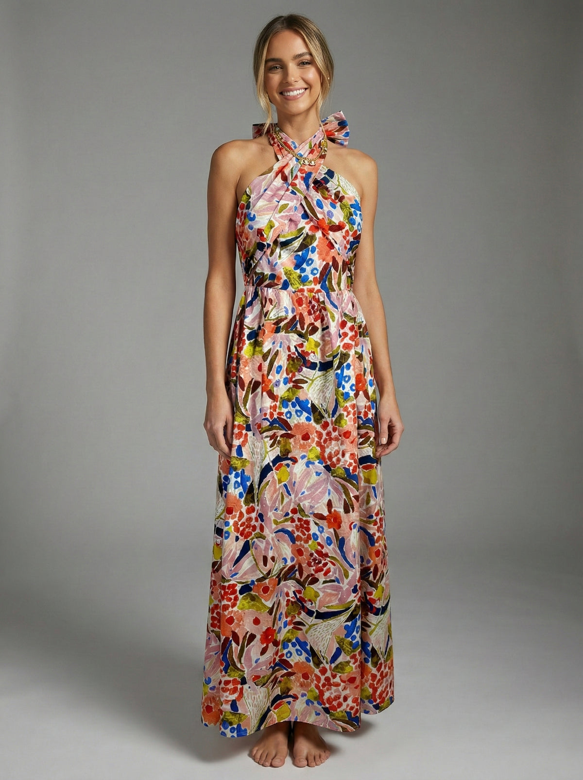 Mythic Bloom Halter Neck Maxi Dress