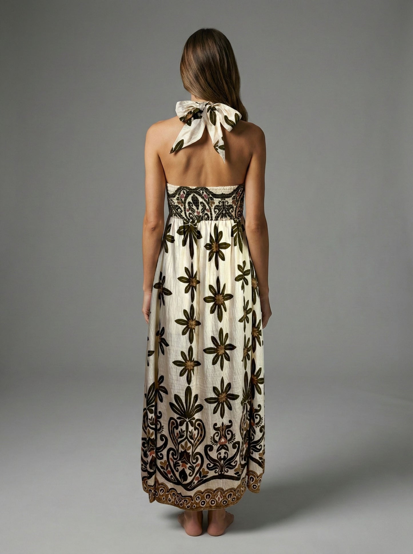 Olive Veil Floral Border Halter Maxi Dress