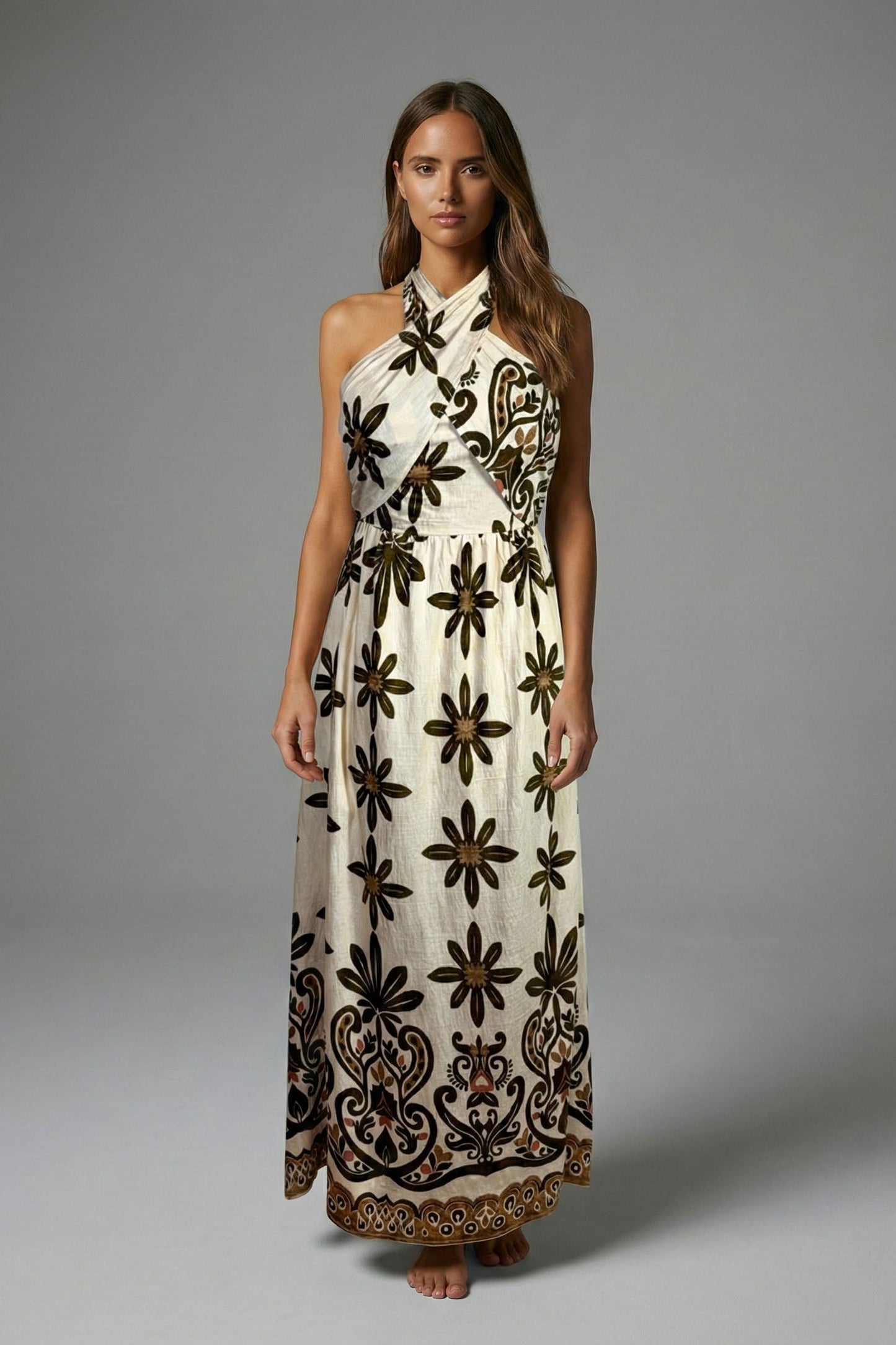 Olive Veil Floral Border Halter Maxi Dress
