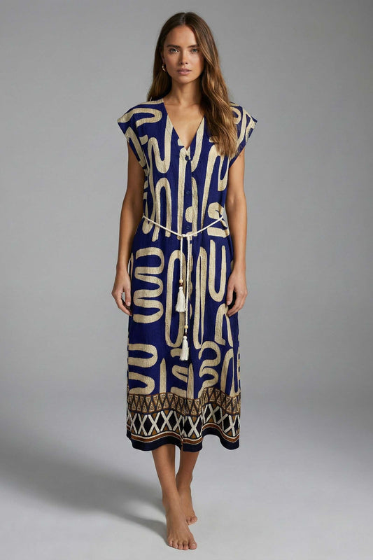 Mediterranean Script Abstract Print Midi Dress