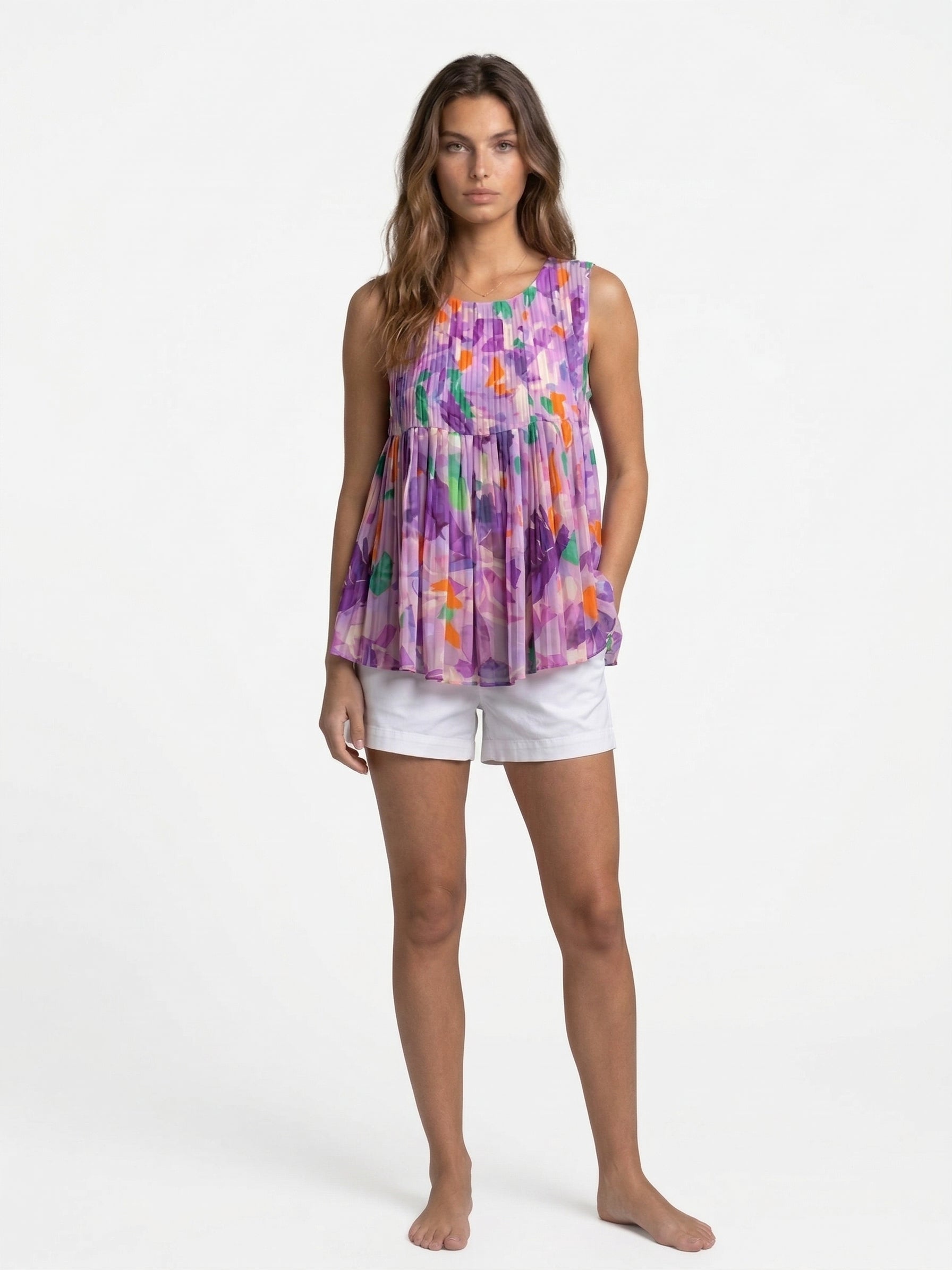 Lilac Dreamscape Pleats Top, Lilac Dreamscape Pleats, women's top, floral print, resortwear style, sleeveless silhouette by Meet Me in Santorini
