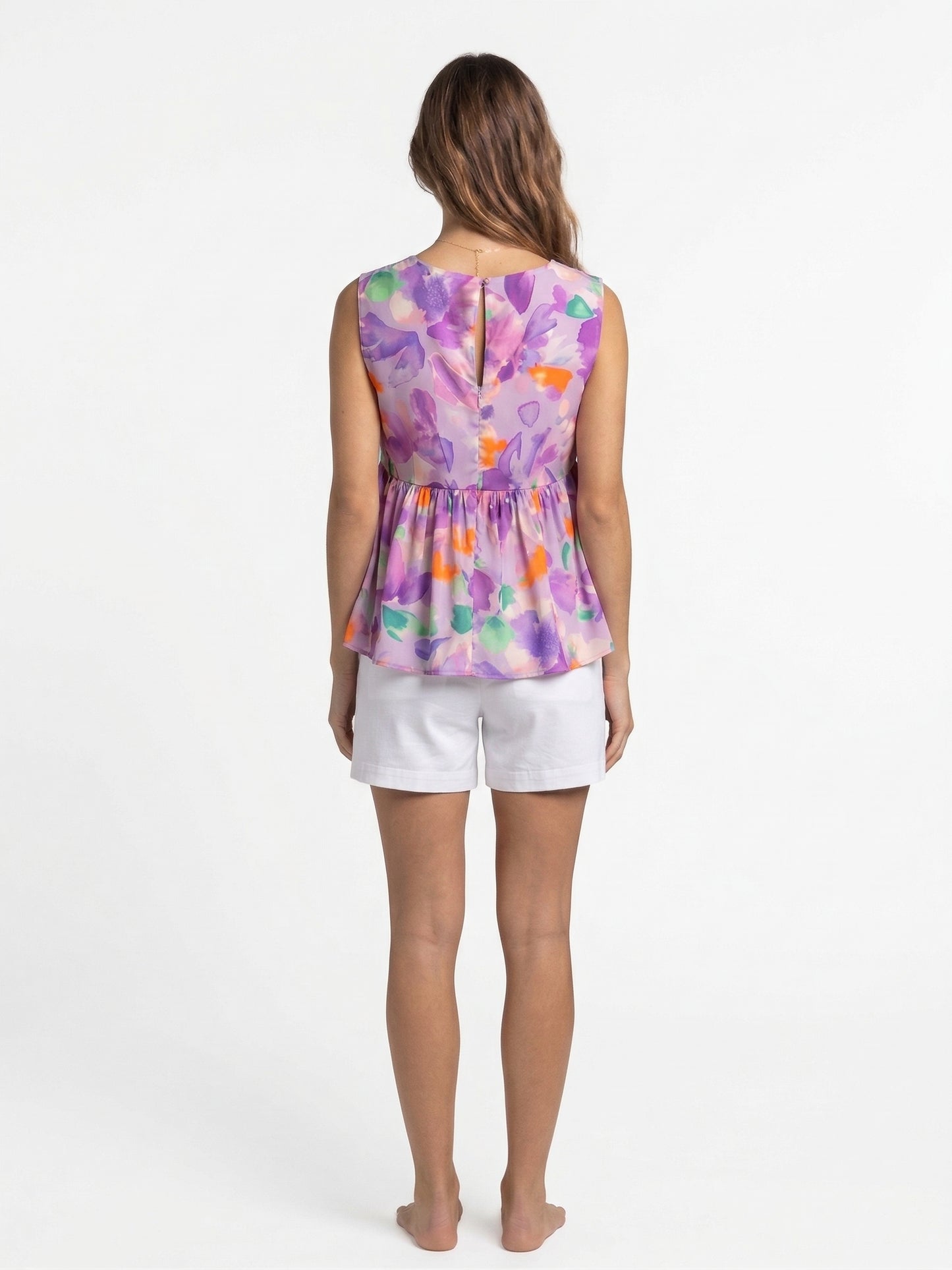 Lilac Dreamscape Pleats Top, Lilac Dreamscape Pleats, women's top, floral print, resortwear style, sleeveless silhouette by Meet Me in Santorini