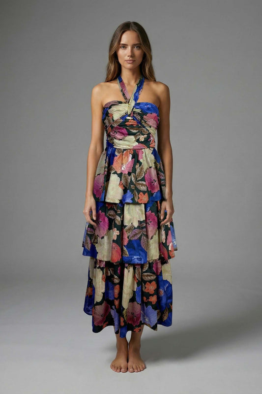 Night Blossom Halter Tiered Maxi Dress